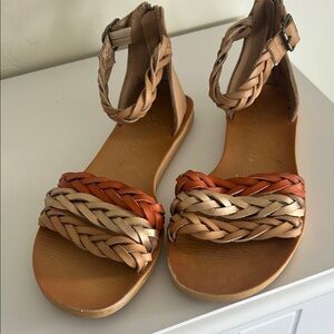 Braided Multi-Tone Ankle-Strap Sandals in Tan, Brown, and Orange